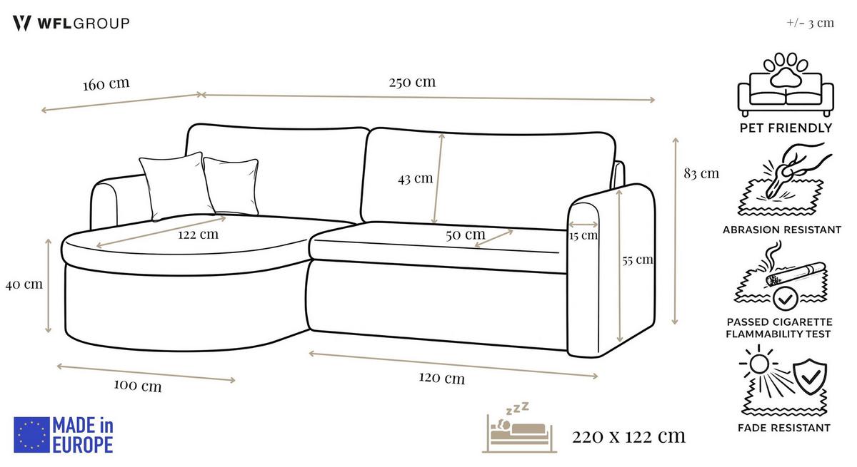 ECKSOFA Cora mit Schlaffunktion & Stauraum, Universell Rechts/Links, Blau Cord Chenille 260/82/160 cm - Blau/Schwarz, Kunststoff/Textil (250/160cm) - WFL GROUP