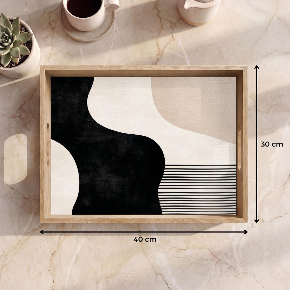 TABLETT Abstrakt - Japandi - Beige - Modern 40x30 cm - Schwarz, Holz (40/5/5cm) - OnlyWow