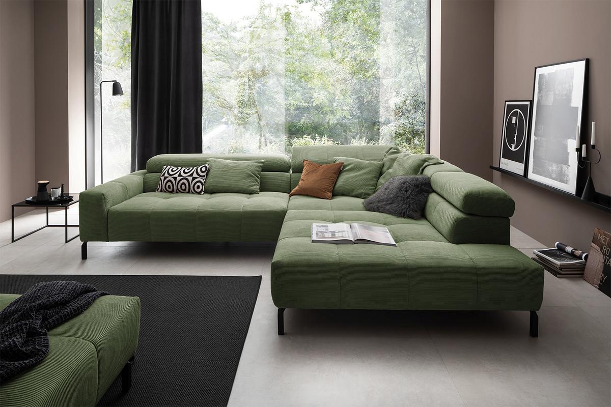 ECKSOFA MIT MOTORISCHEM SITZVORZUG OHIO Grün Cord Relaxfunktion - Schwarz/Olivgrün, Textil/Metall (311/219cm) - KAWOLA
