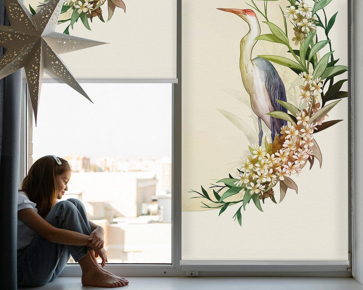 INNENROLLO - Fensterrollo - Rollo - 100x180 cm - Kranich im Kreis des Grüns - Weiß, Kunststoff (100/180/0.5cm) - TULUP