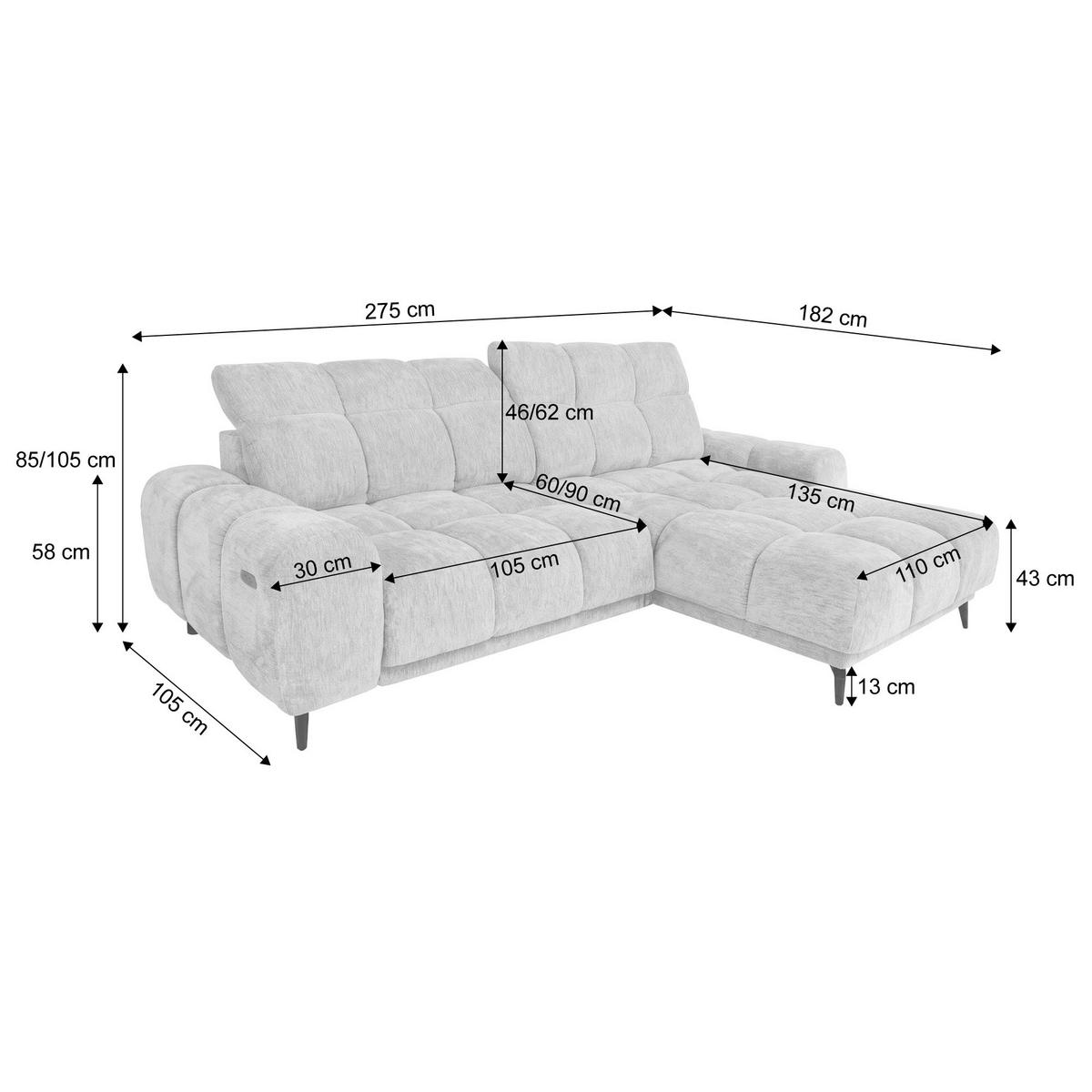 ECKSOFA Marco Mini mit elektrisch ausfahrbarem Sitz und verstellbaren Kopfstützen, Links, Chenille-Stoff, Hellgrau - Hellgrau/Schwarz, Textil (275/182cm) - Beautysofa