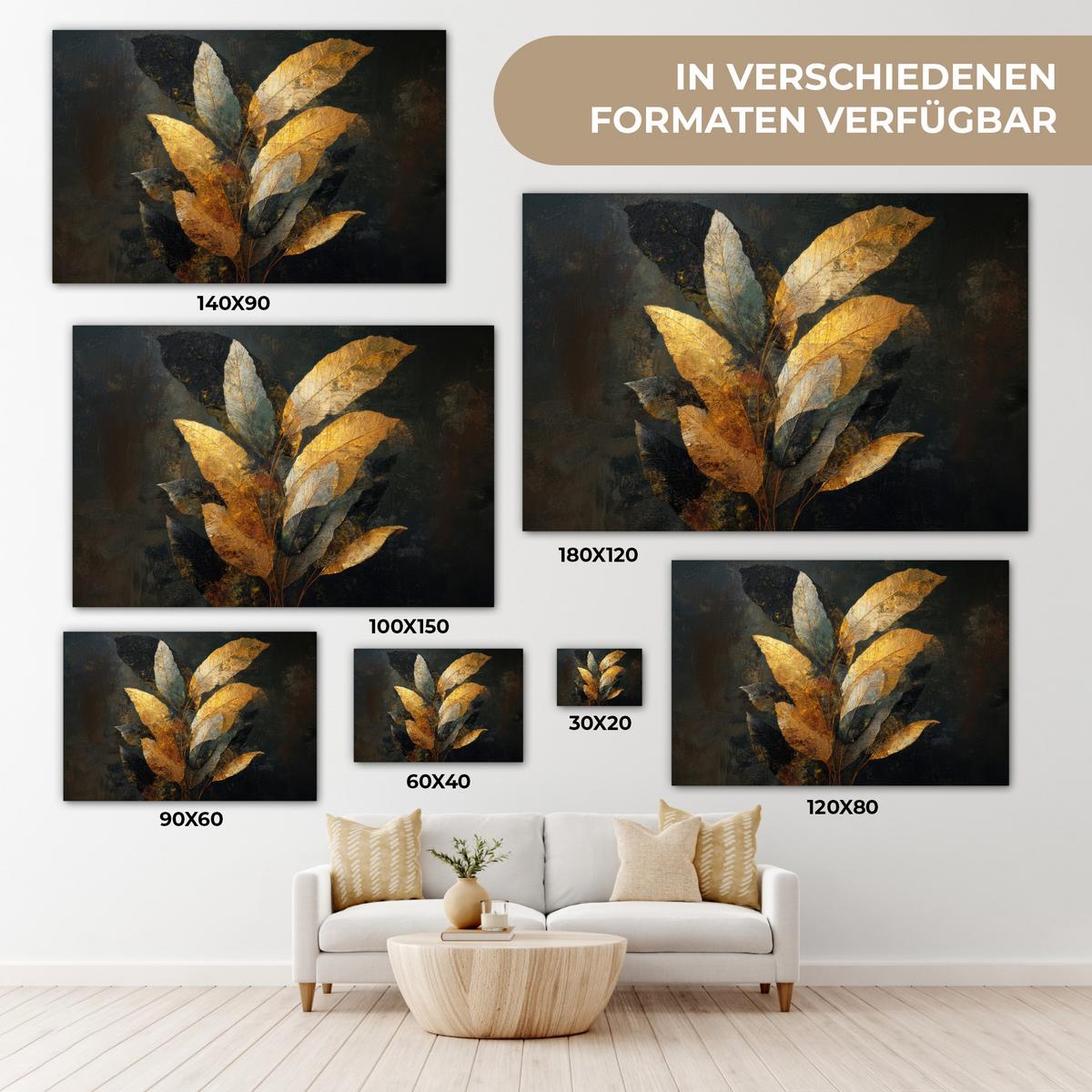LEINWANDBILD Golden Leaf Komposition - Botanical Luxury Gemälde 60x40 cm - Goldfarben/Schwarz, Textil (60/40cm) - MuchoWow