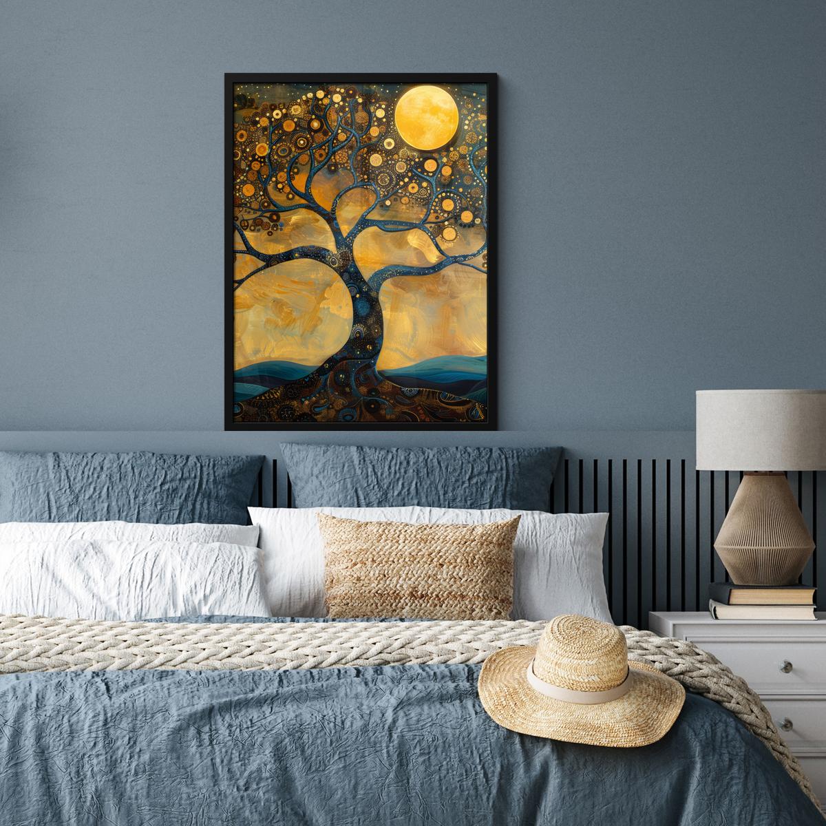 POSTER MIT RAHMEN Baum - Mond - Blumen - Gold - Kunst Posterleiste 60x80 cm - Orange, Papier (60/80cm) - MuchoWow