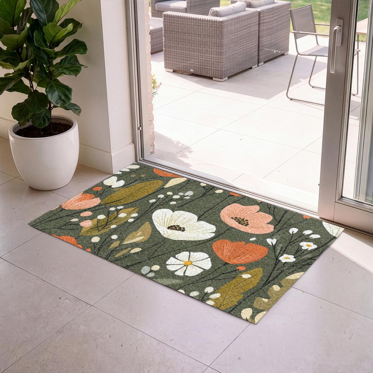 FUSSMATTE Blumen - Illustration - Grün Flurteppich 120x80 cm - Dunkelgrün, Kunststoff (120/0.4cm) - MuchoWow