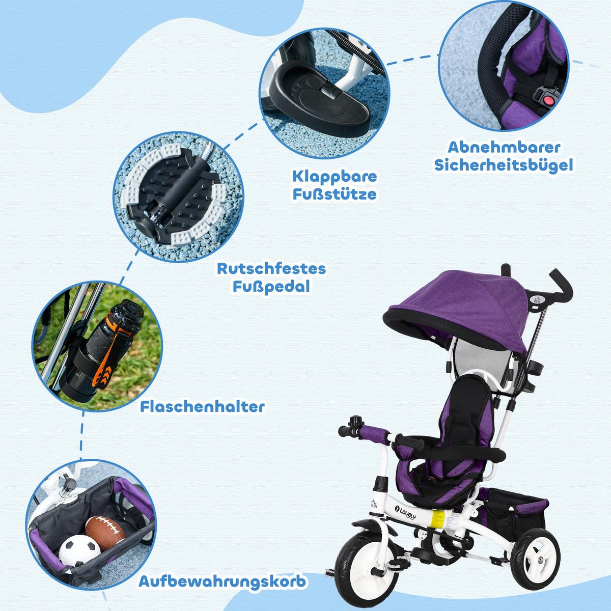 6-IN-1 Dreirad mit Schubstange, Kinderdreirad mit abnehmbarem Sonnendach Violett - Violett, Metall (95/50/106cm) - HOMCOM