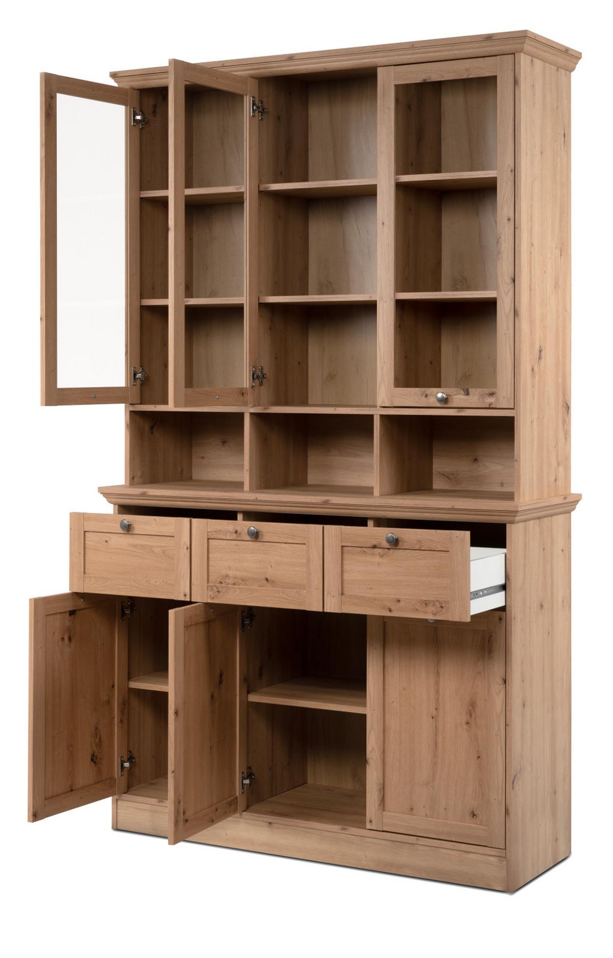 BUFFETSCHRANK Eiche Artisan 120 cm, Vitrine Landhaus - Eichefarben/Silberfarben, Glas/Holzwerkstoff (120/200/40cm) - Furn.Design
