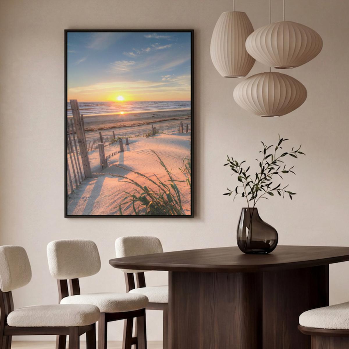 LEINWAND Bilder mit Rahmen - Strand - Meer - Düne - Sonnenuntergang - Landschaft - 90x140 - Beige, Textil (90/140cm) - MuchoWow