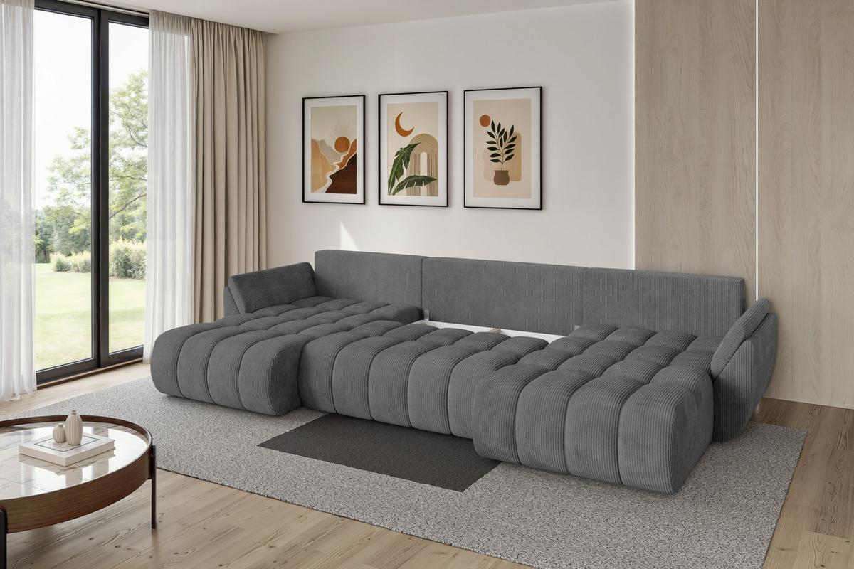 WOHNLANDSCHAFT mit Schlaffunktion und Bettkasten TOKO-U-v1 378x194x86 Dunkelgrau Cord - Dunkelgrau/Schwarz, Holzwerkstoff/Kunststoff (378/86/194cm) - ALTDECOR