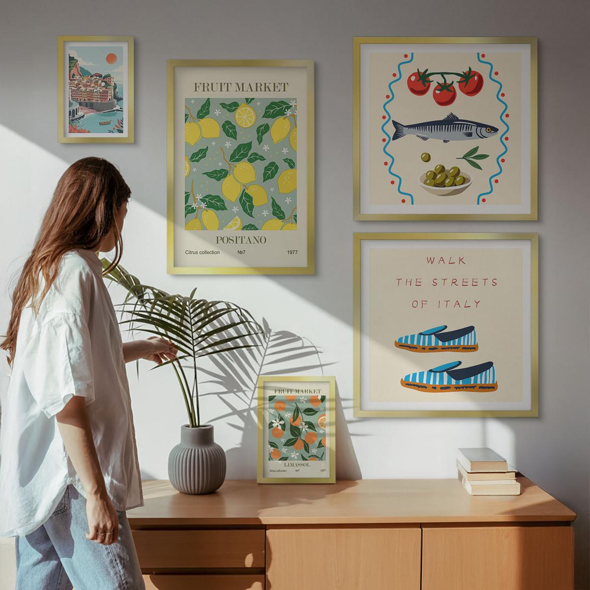 BILDER SET 5er Set - 50x50 cm & 20x30 cm & 40x60 cm Goldrahmen - Italienische Poster mit Fruchtmotiven - Goldfarben, Kunststoff (40/60cm) - TULUP