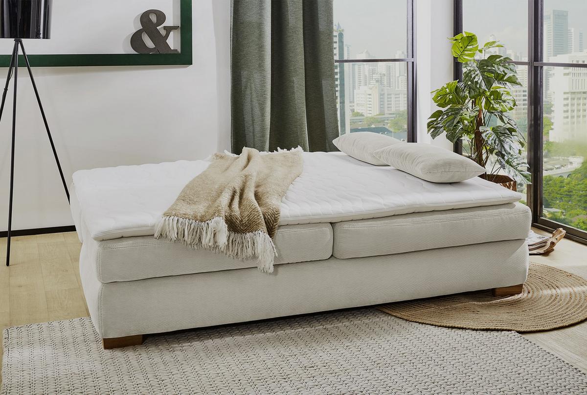 DAUER-SCHLAFSOFA Federkern Topper Bettkasten B201/T110/H88 cm, Liegefläche 160x200 cm, Feincord Beige / 15151 - Wildeiche/Eiche Bianco, Holz/Textil (201/88/110cm) - luma-home