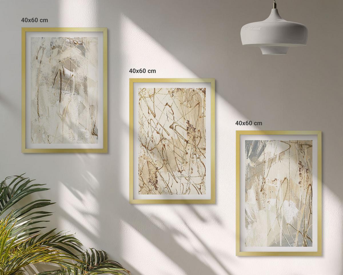 BILDER SET 3er Set - 40x60 cm Goldrahmen - Abstrakte Muster in Beige und Grau - Goldfarben, Kunststoff (40/60cm) - TULUP
