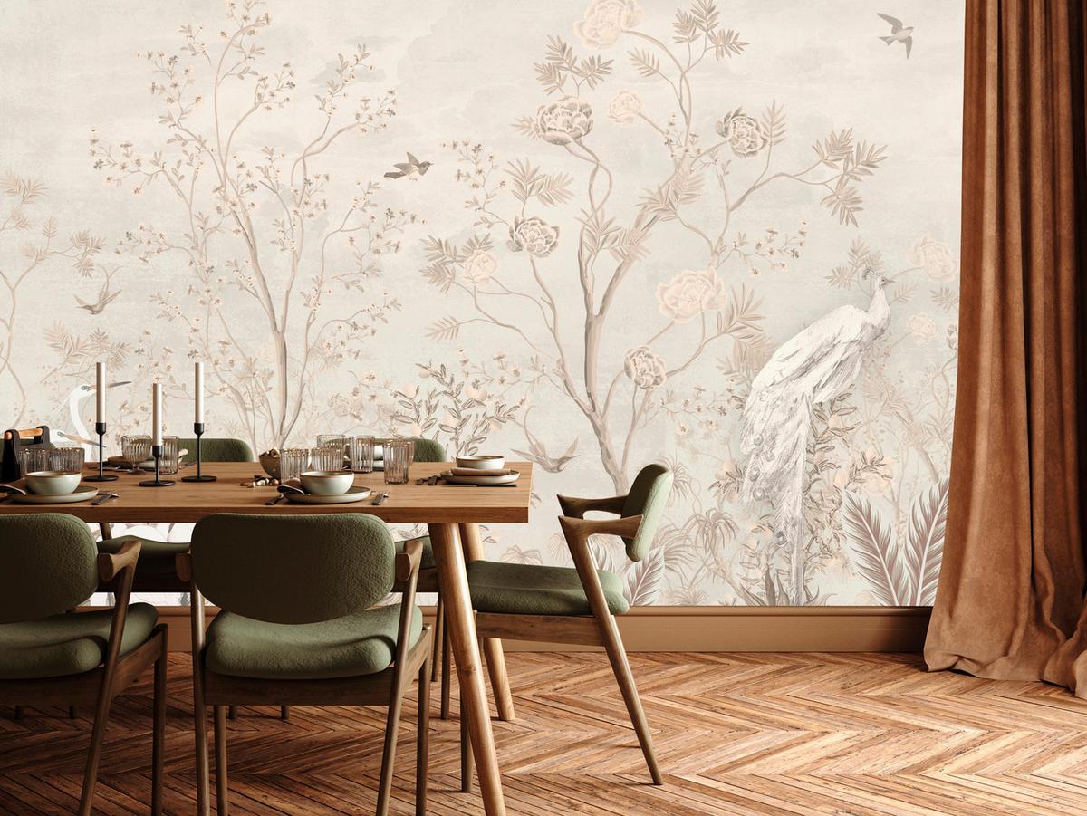FOTOTAPETE für Esszimmer Weiße Vögel Bäumen Natur Kräne Blumen 200x140 - Beige, Papier (200/140cm) - Muralo