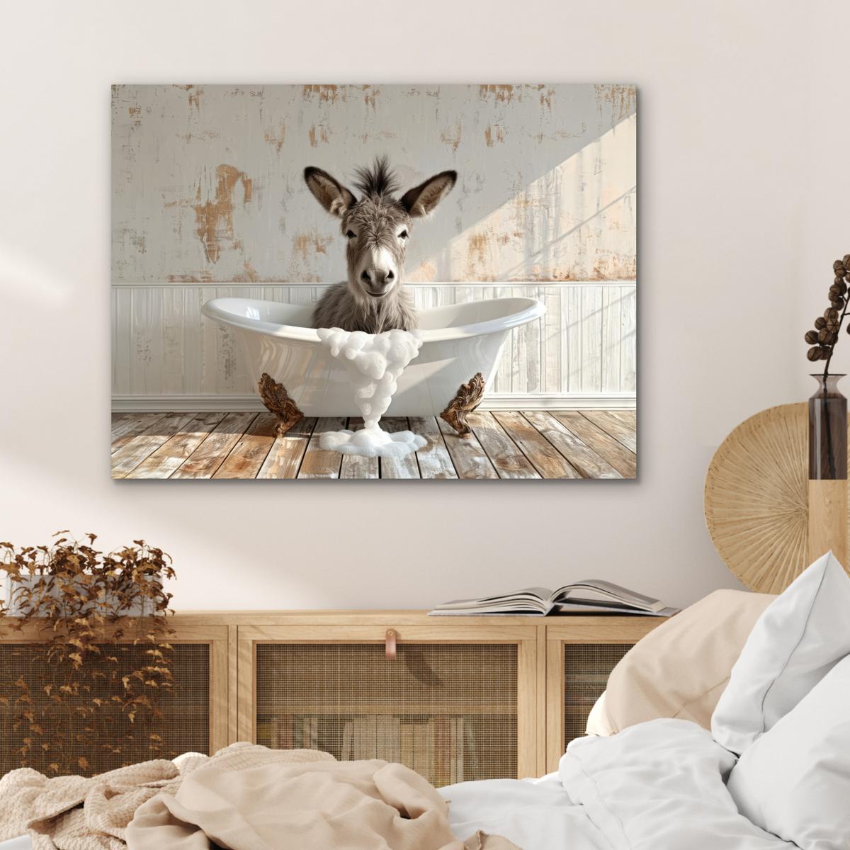 METALLBILD Esel - Tiere - Badewanne - Schaumstoff 80x60 cm - Weiß, Metall (80/60cm) - MuchoWow