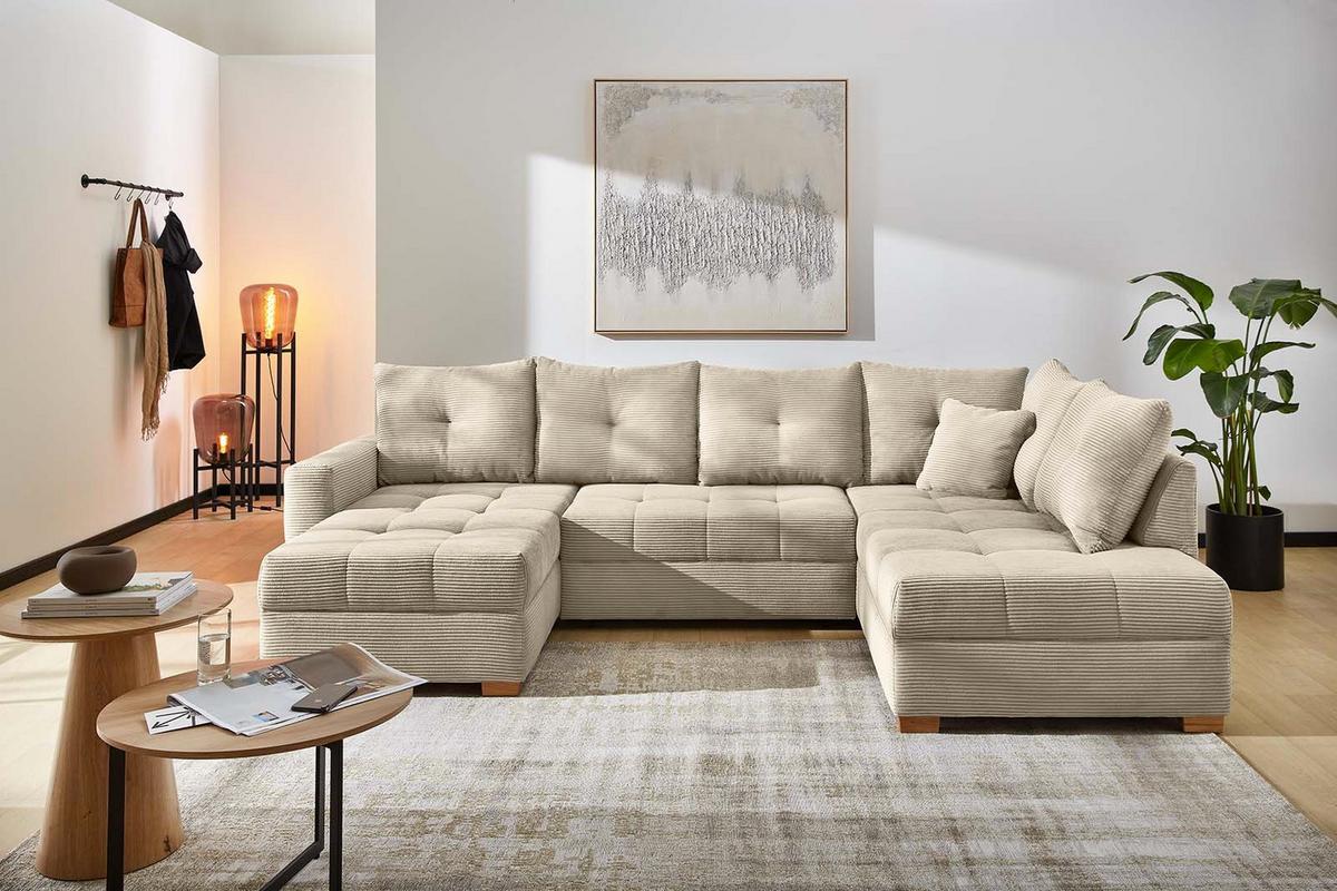 WOHNLANDSCHAFT mit Schlaffunktion und Bettkasten, spiegelverkehrt montierbar U-Form B313/T200/H92 cm, Cord Beige Grau / 15218 - Greige/Eichefarben, Holz/Textil (313/92/200cm) - luma-home