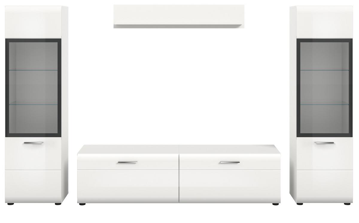 WOHNWAND weiß Hochglanz 4-teilig 280 cm, Schrankwand mit 2 Vitrinen - Weiß Hochglanz/Silberfarben, Glas/Holzwerkstoff (280/160/41cm) - Inn.Furn