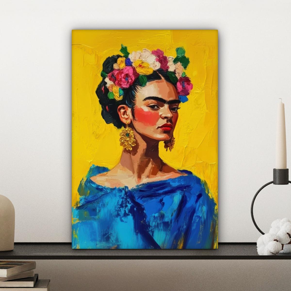 LEINWANDBILD Frida Kahlo - Frau - Gelb - Blau - Blumen Deko Wohnzimmer 20x30 cm - Gelb, Textil (20/30cm) - MuchoWow