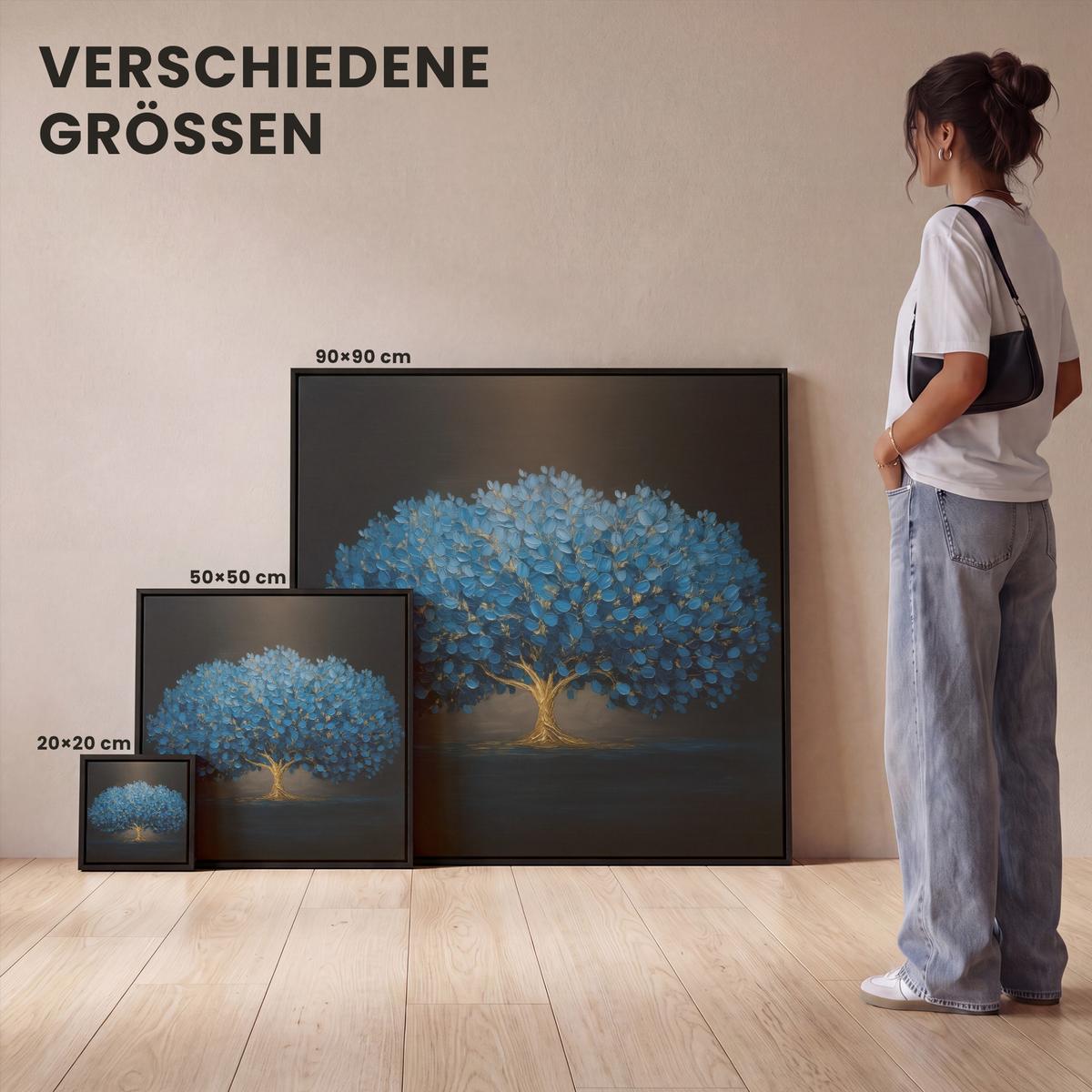 LEINWAND Bilder mit Rahmen - Baum - Blau - Blätter - Pinselstriche - 50x50 - Blau, Textil (50/50cm) - MuchoWow