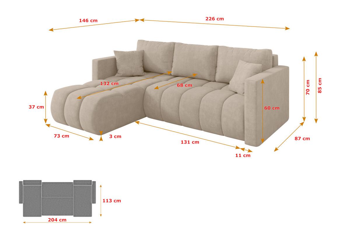 ECKSOFA mit Schlaffunktion Ottomane Links GARD-L 226x146x85 Beige Velours - Schwarz/Sahara, Holzwerkstoff/Kunststoff (226/146cm) - ALTDECOR