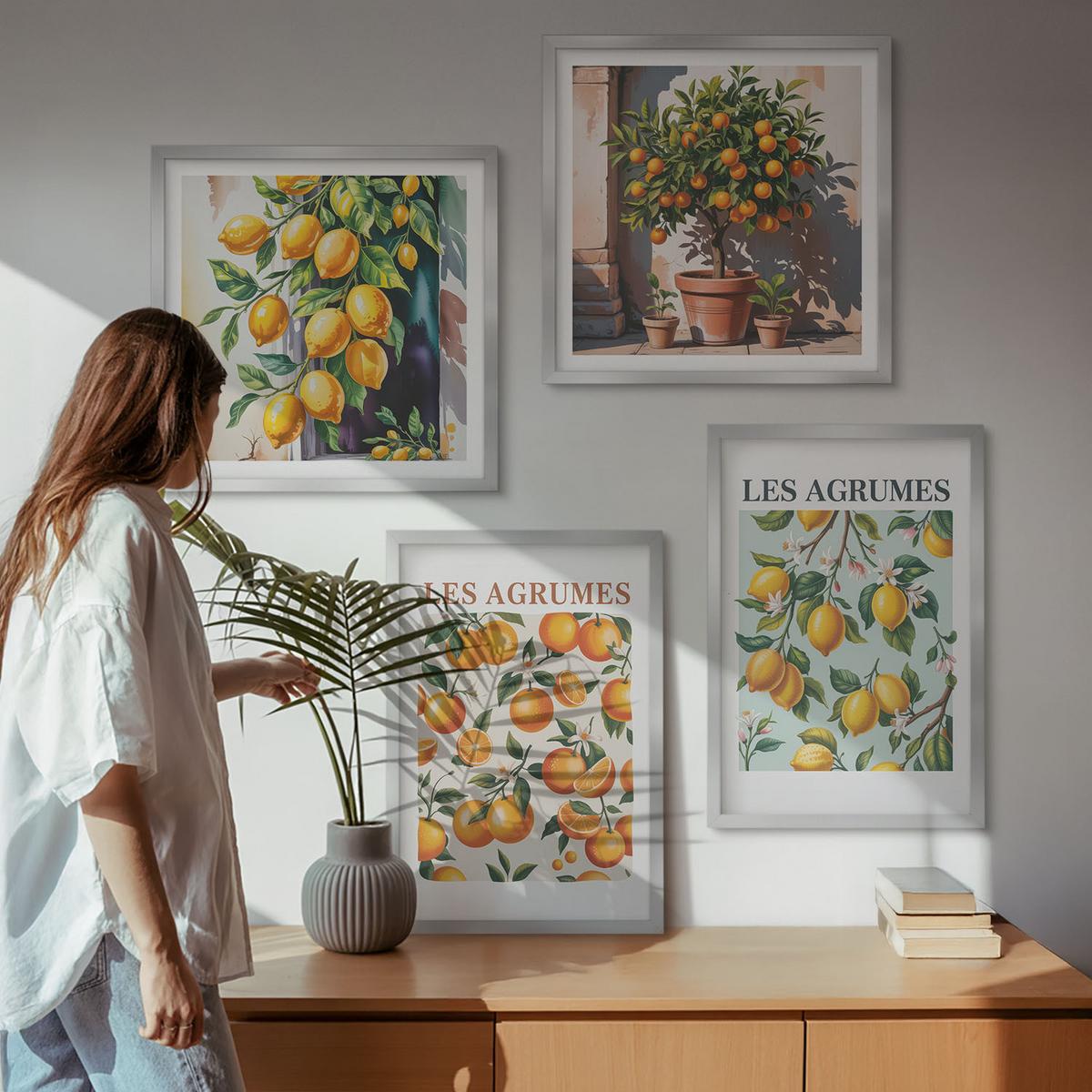 BILDER SET 4er Set - 50x50 cm & 40x60 cm Silberner Rahmen - Fruchtige Zitrusmuster - Silberfarben, Kunststoff (50/50cm) - TULUP