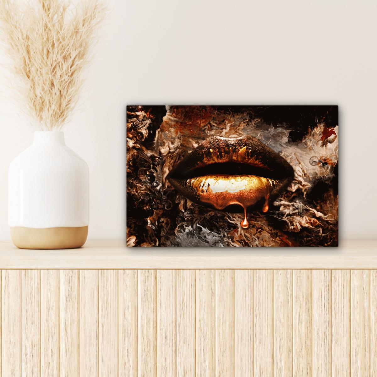 LEINWANDBILD Gold - Lippen - Kunst - Gold - Luxus - Abstrakt Deko Schlafzimmer 30x20 cm - Kupferfarben, Textil (30/20cm) - MuchoWow