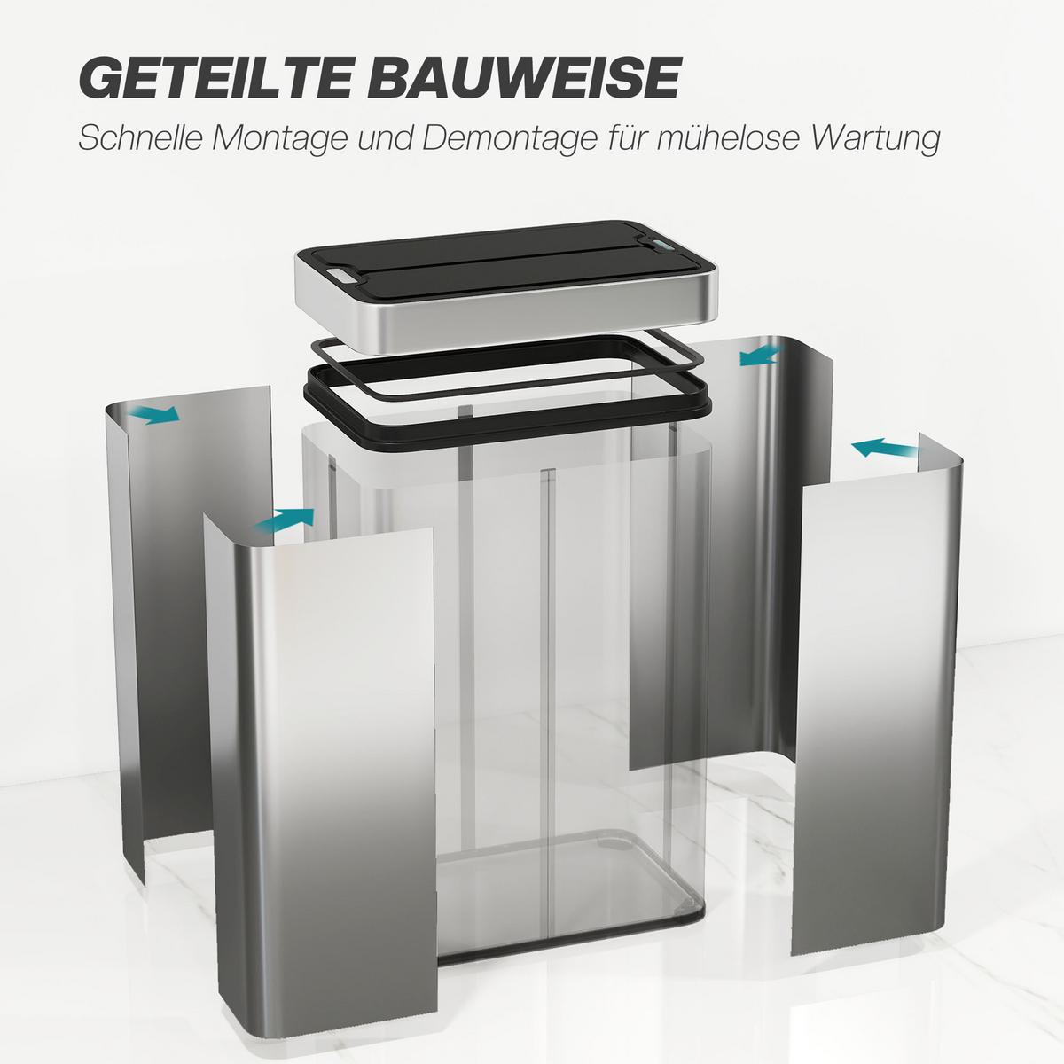 SENSOR Mülleimer 55L Abfalleimer mit Soft-Close-Schmetterlingsdeckel Edelstahl - Silberfarben, Metall (26.5/59/41cm) - HOMCOM
