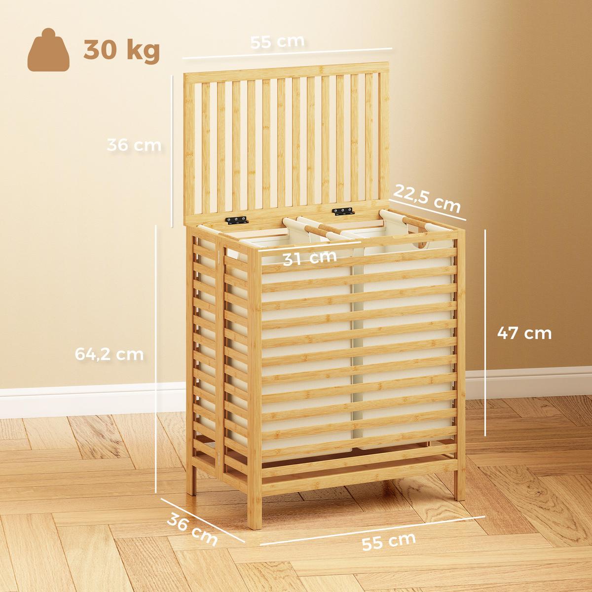 WÄSCHEKORB Bambus Polyester Naturholz Cremeweiß - Naturfarben, Holz/Bambusholz (36/64.2/55cm) - HOMCOM