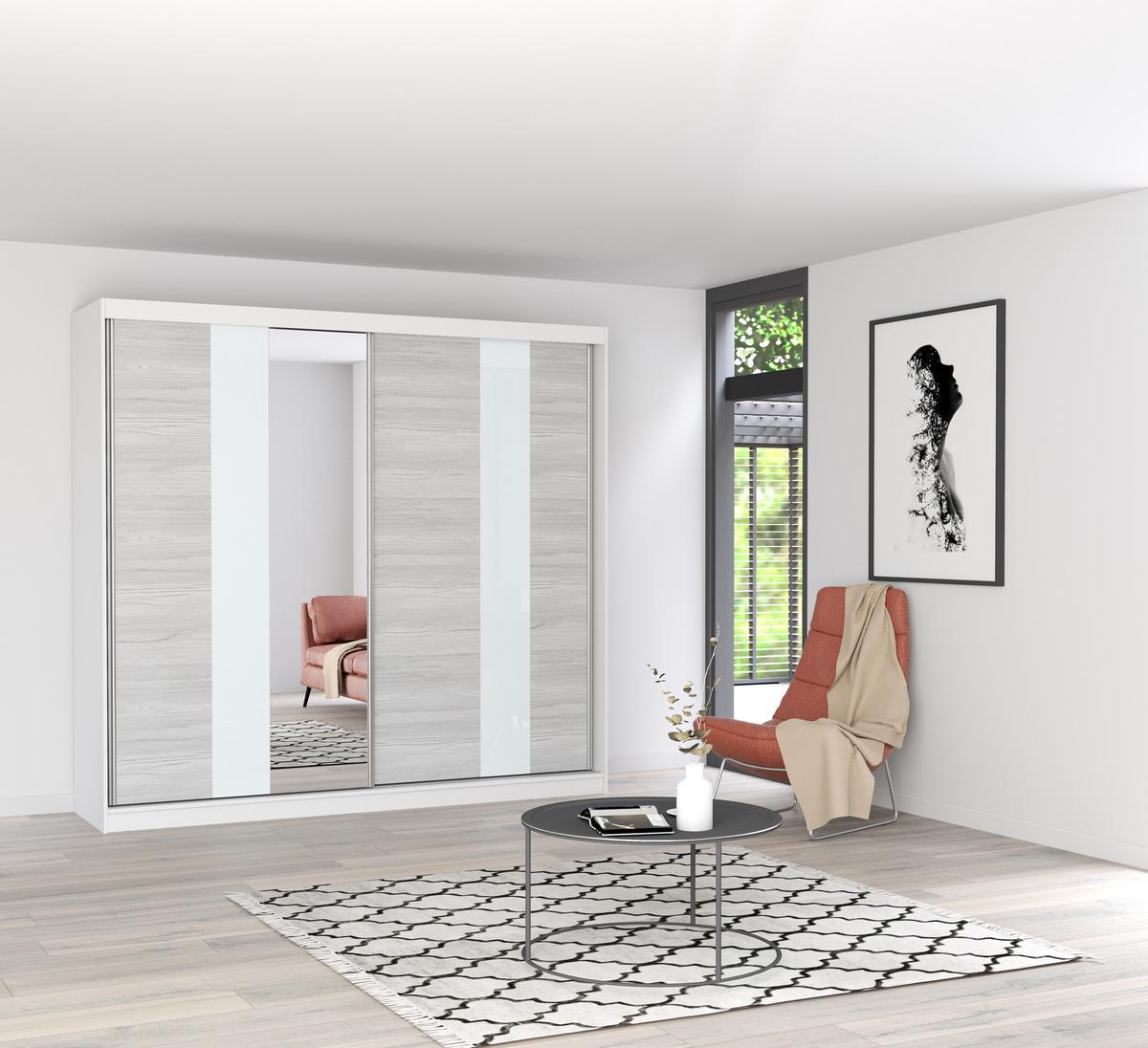 SCHWEBETÜRENSCHRANK Multi 32 Weiß/Kathult Weiß + Spiegel 233 cm - Alufarben/Weiß, Glas/Holzwerkstoff (233/218/61cm) - imoebel24