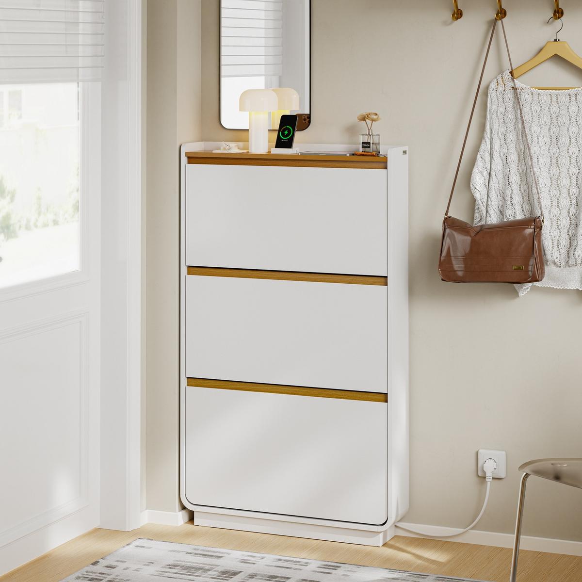 SCHUHSCHRANK mit Steckdose und USB-Ladefunktion FSR228-E-WN - Ahornfarben/Weiß, Holzwerkstoff/Fell (15/126/72cm) - SoBuy