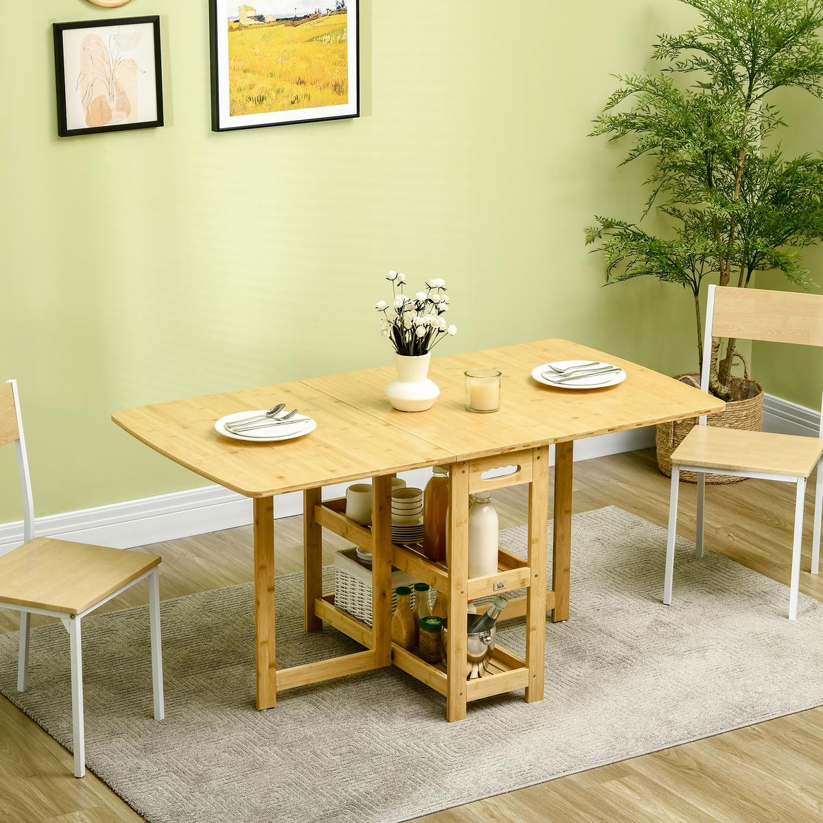ESSTISCH Klapptisch Küchentisch mit Ablagefächer Esszimmertisch Naturholz - Naturfarben, Naturmaterialien/Bambusholz (149.5/80/73.5cm) - HOMCOM