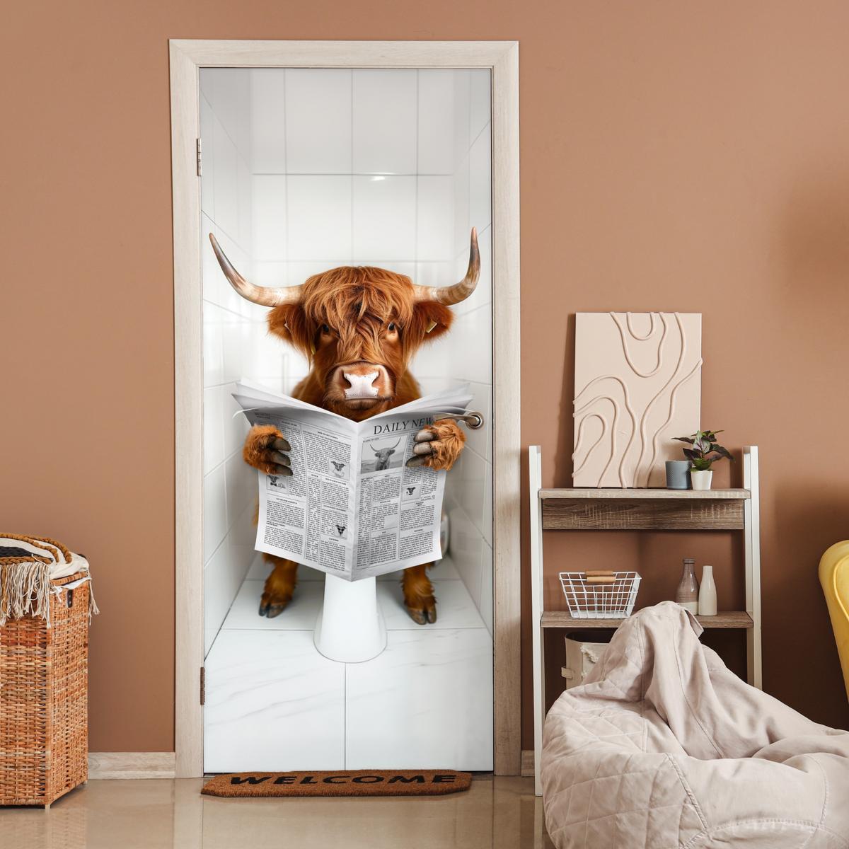 TÜRAUFKLEBER Scottish Highlander - Zeitung - WC - Tier 90x215 cm - Türtapete - Weiß, Kunststoff (90/0.1cm) - MuchoWow