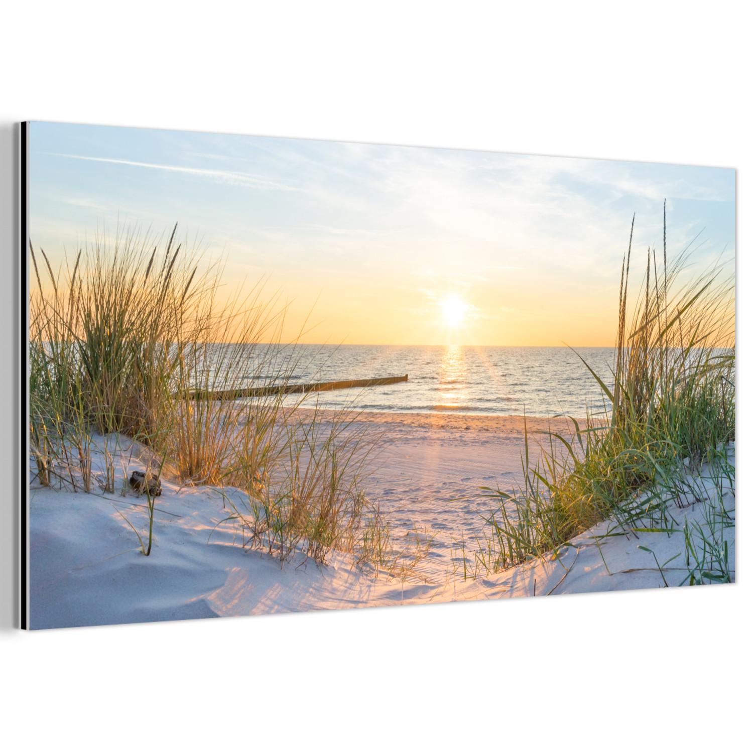 METALLBILD Strand - Sonne - Düne - Gras - Sand - Horizont 80x40 cm - Hellblau, Metall (80/40cm) - MuchoWow