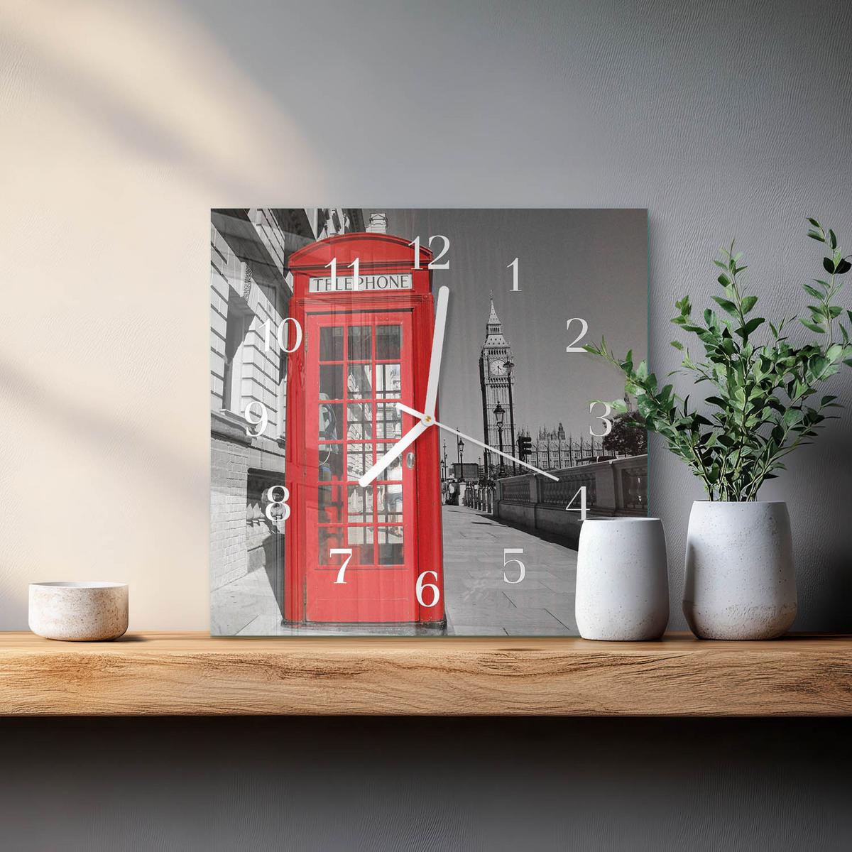 WANDUHR aus Glas 30x30 cm - Rote Telefonzelle - Rot, Glas (30/30/0.4cm) - TULUP