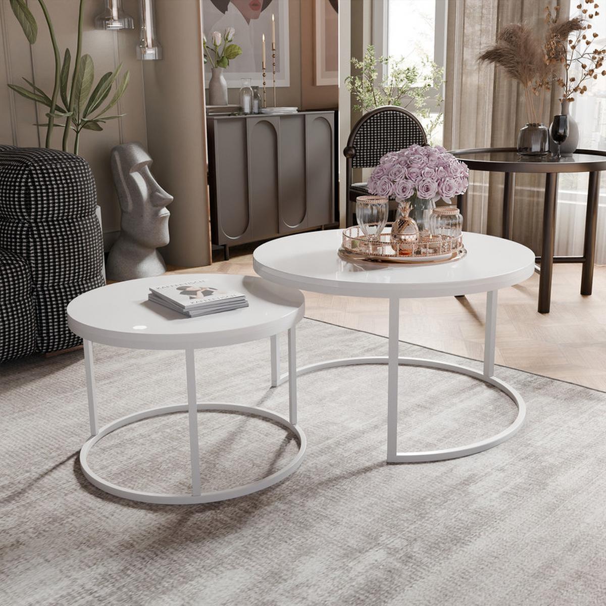 COUCHTISCH-SET LAVO 70/50 cm Runden, Weiß Hochglanz - Weiß Hochglanz, Metall (70/70/48cm) - Idohome