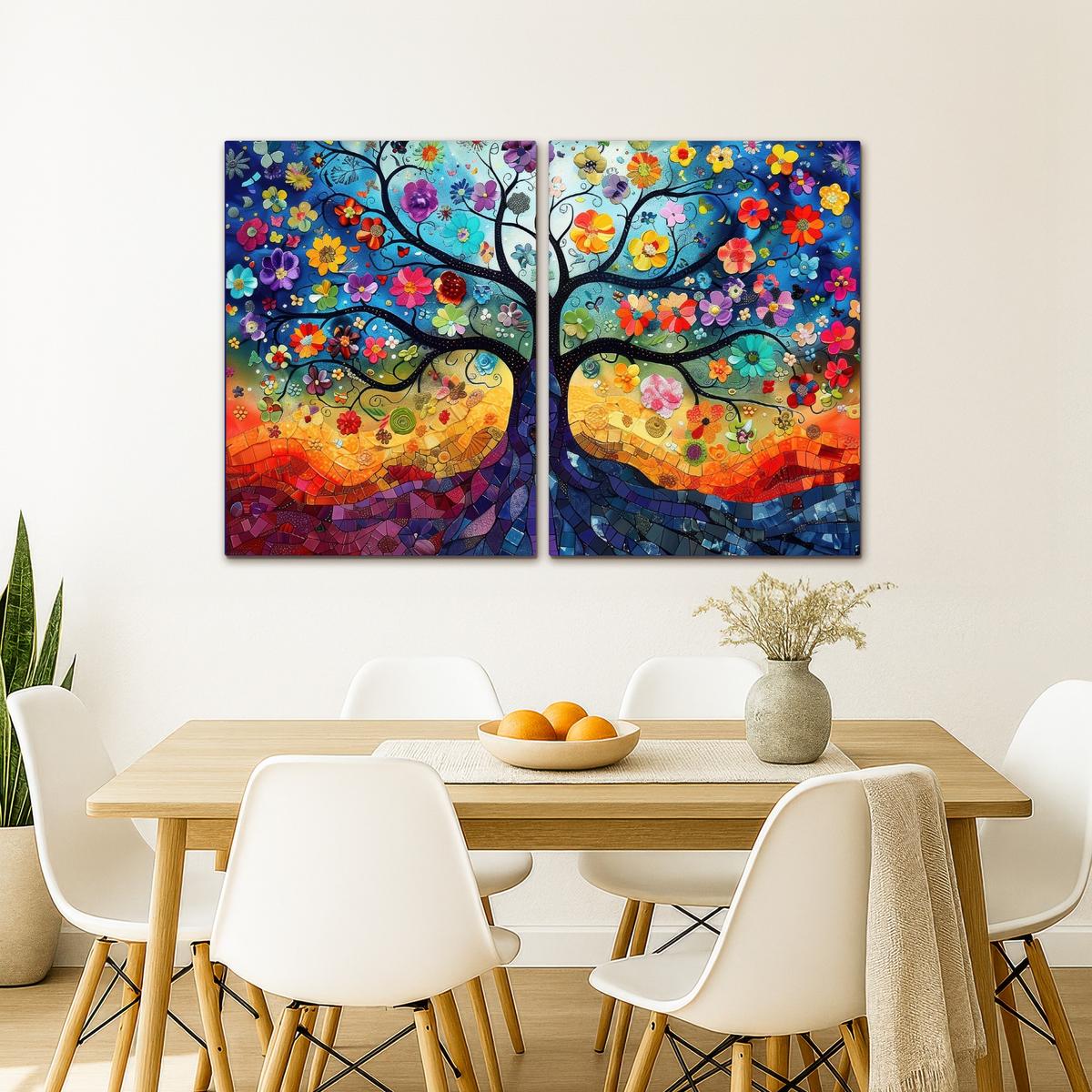 LEINWANDBILD 2er Set Bunt - Baum des Lebens - Blumen - Abstrakt 100x70 cm - Blau, Textil (100/70cm) - MuchoWow