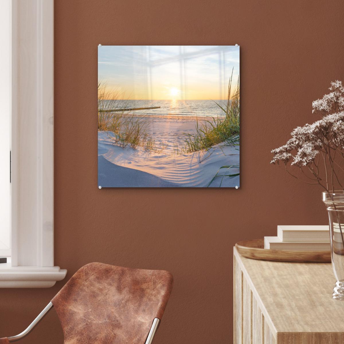 ACRYLGLASBILD Strand - Sonne - Düne - Gras - Sand - Horizont 50x50 cm - Hellblau, Glas (50/50cm) - MuchoWow