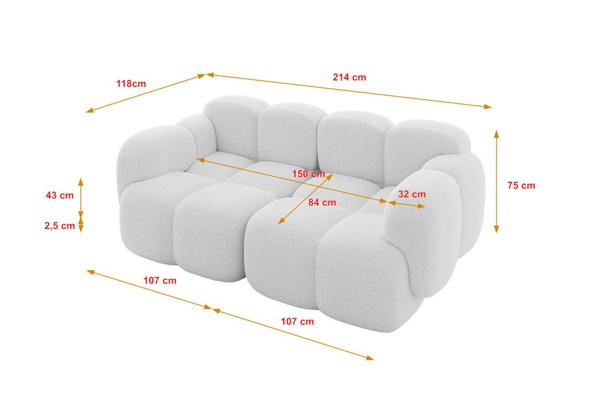 2-SITZER modulares Sofa Miko-S1 214x118x75 cm Weiß Bouclé - Schwarz/Weiß, Holzwerkstoff/Kunststoff (214/75/118cm) - ALTDECOR