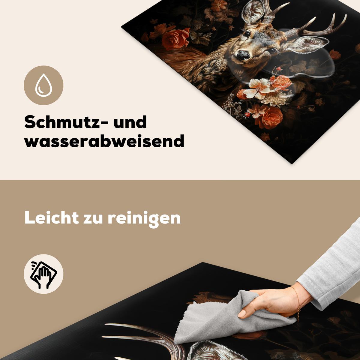 HERDABDECKPLATTE Hirsch - Tier - Blumen - Natur - Botanisch Induktionsmatte 71x52 cm - Kupferfarben, Kunststoff (71/52/0.2cm) - MuchoWow