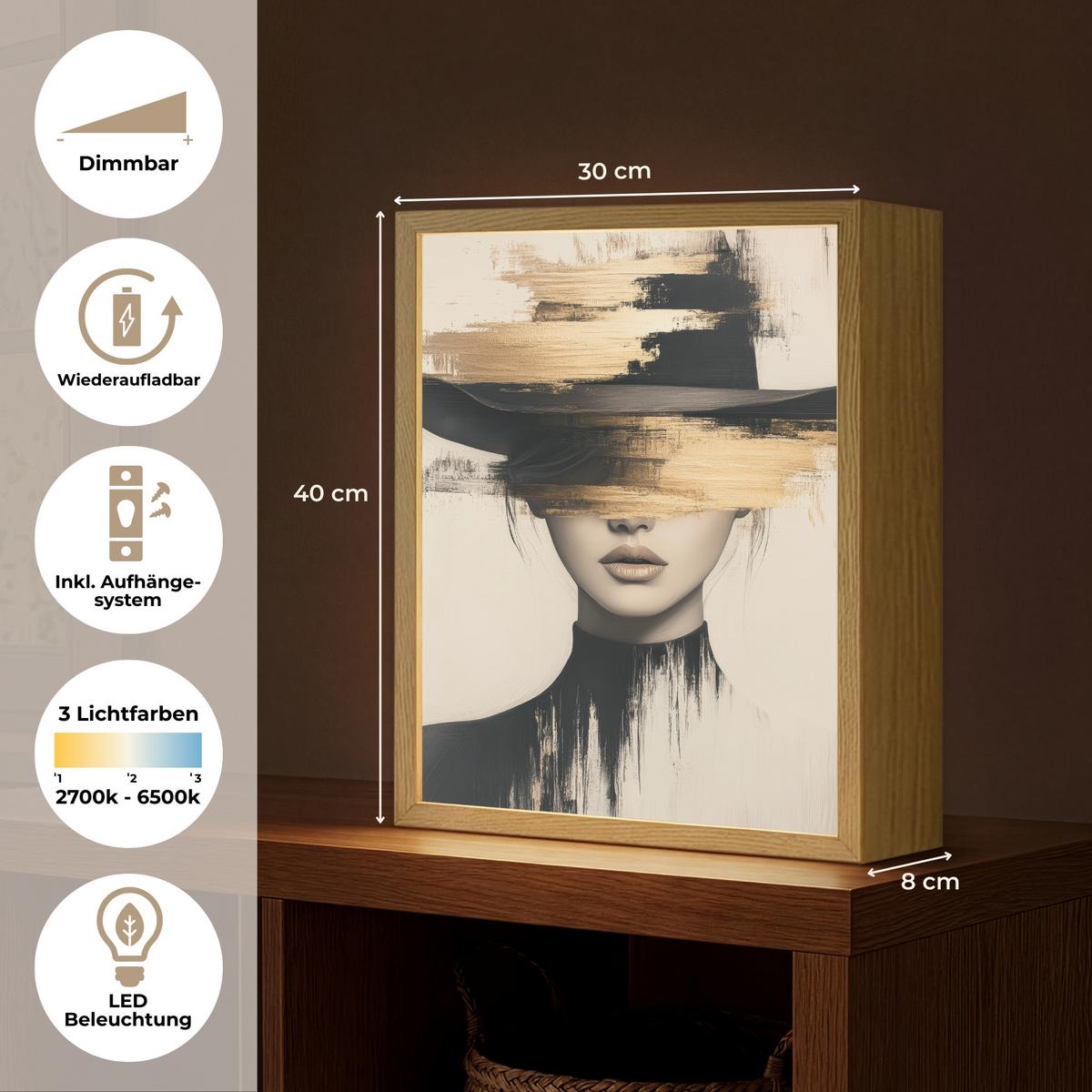 WANDLEUCHTE MIT AKKU Frau - Hut - Farbe 30x40 cm - Creme, Holzwerkstoff (30/40/8cm) - OnlyWow