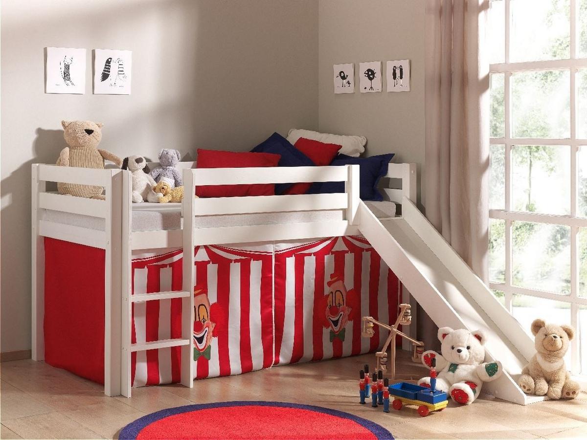 HOCHBETT mit Rutsche Karolina Massivholz Weiß Textilset Zirkus - Rot/Weiß, Holz (90/200cm) - 58aufmkessel