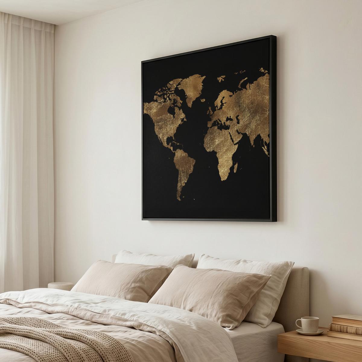 LEINWAND Bilder mit Rahmen - Weltkarte - Gold - Luxus - Erde - Schwarz - 90x90 - Goldfarben, Textil (90/90cm) - MuchoWow