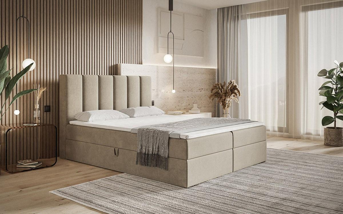 BOXBETT Bonio I 120/200 cm in Beige – mit Bettkasten und Topper - Beige/Schwarz, Holz/Holzwerkstoff (120/200cm) - AX Living