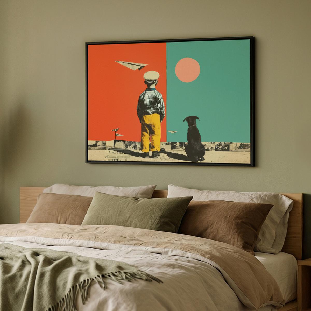 LEINWAND Bilder mit Rahmen - Retro - Junge - Hund - Rot - Grün - 100x70 - Orange, Textil (100/70cm) - MuchoWow