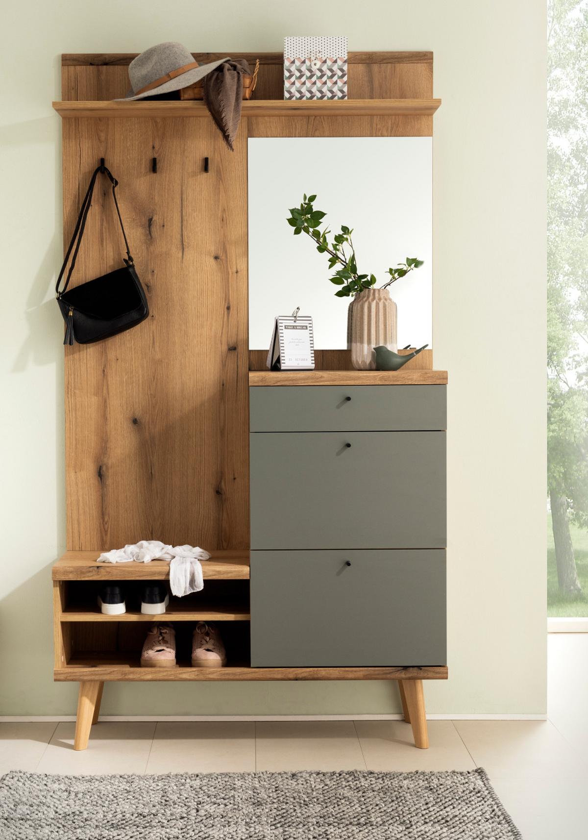 GARDEROBEN-SET Evoke Eiche und Salbei, Kompaktgarderobe skandinavisch 110 x 200 cm - Salbeigrün/Eichefarben, Glas/Holz (110/200/34cm) - Furn.Design
