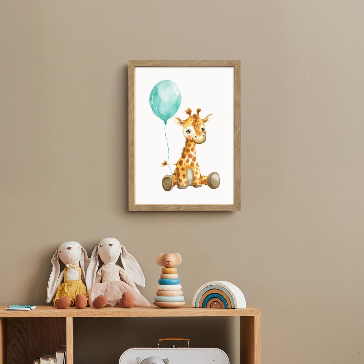 WANDLEUCHTE MIT AKKU Giraffe - Baby - Tiere - Blauer Ballon 30x40 cm - Weiß, Holzwerkstoff (30/40/8cm) - OnlyWow