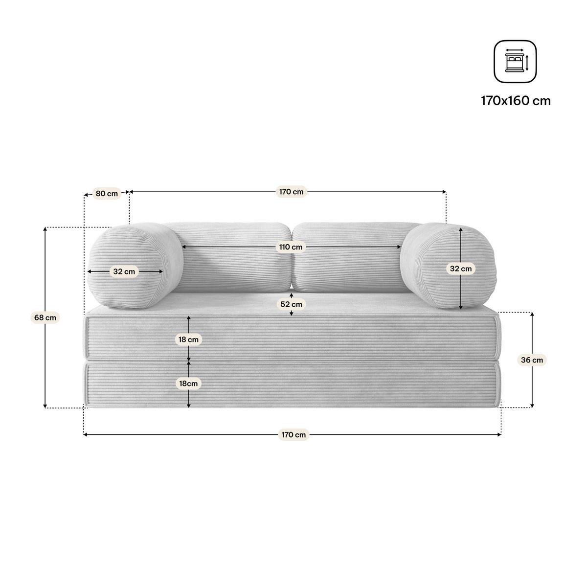 BETTSOFA ALVIO aus Schaumstoff Kordstoff Hellgrau Schlaffunktion - Hellgrau, Textil (170/68/80cm) - MASSENO