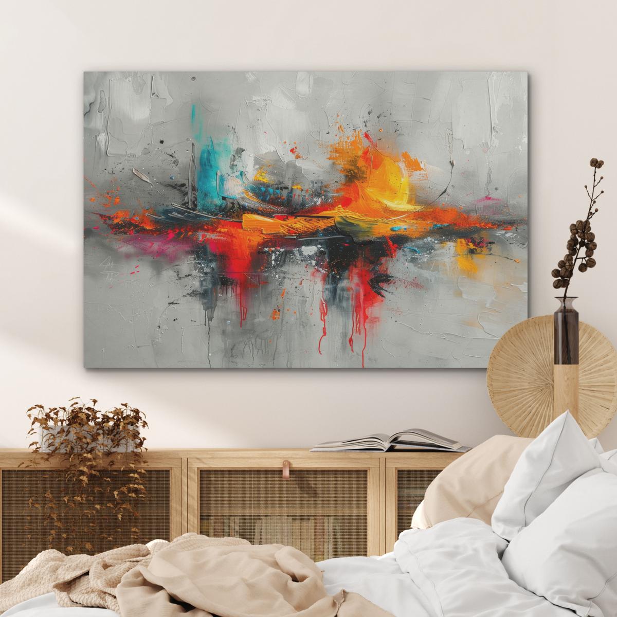 AKUSTIKBILD Moderne Kunst - Orange - Grau - Abstrakt Wandbild Wohnzimmer 100x70 cm - Hellgrau, Kunststoff (100/70/0.9cm) - MuchoWow