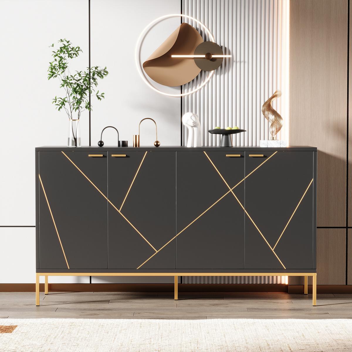 SIDEBOARD mit goldenen geometrischen Mustern - Schwarz, Holzwerkstoff/Metall (40/80/150cm) - Urban Meuble