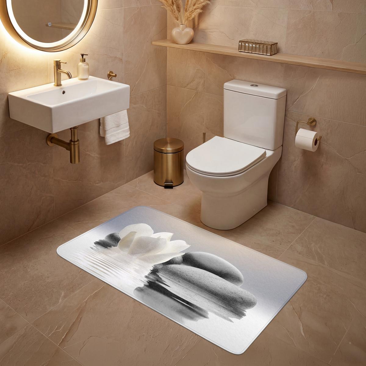 WC-VORLEGER Steine - Lotus - Weiß - Wasser - Zen WC Teppich 120x60 cm - Weiß, Textil (120/1cm) - OnlyWow