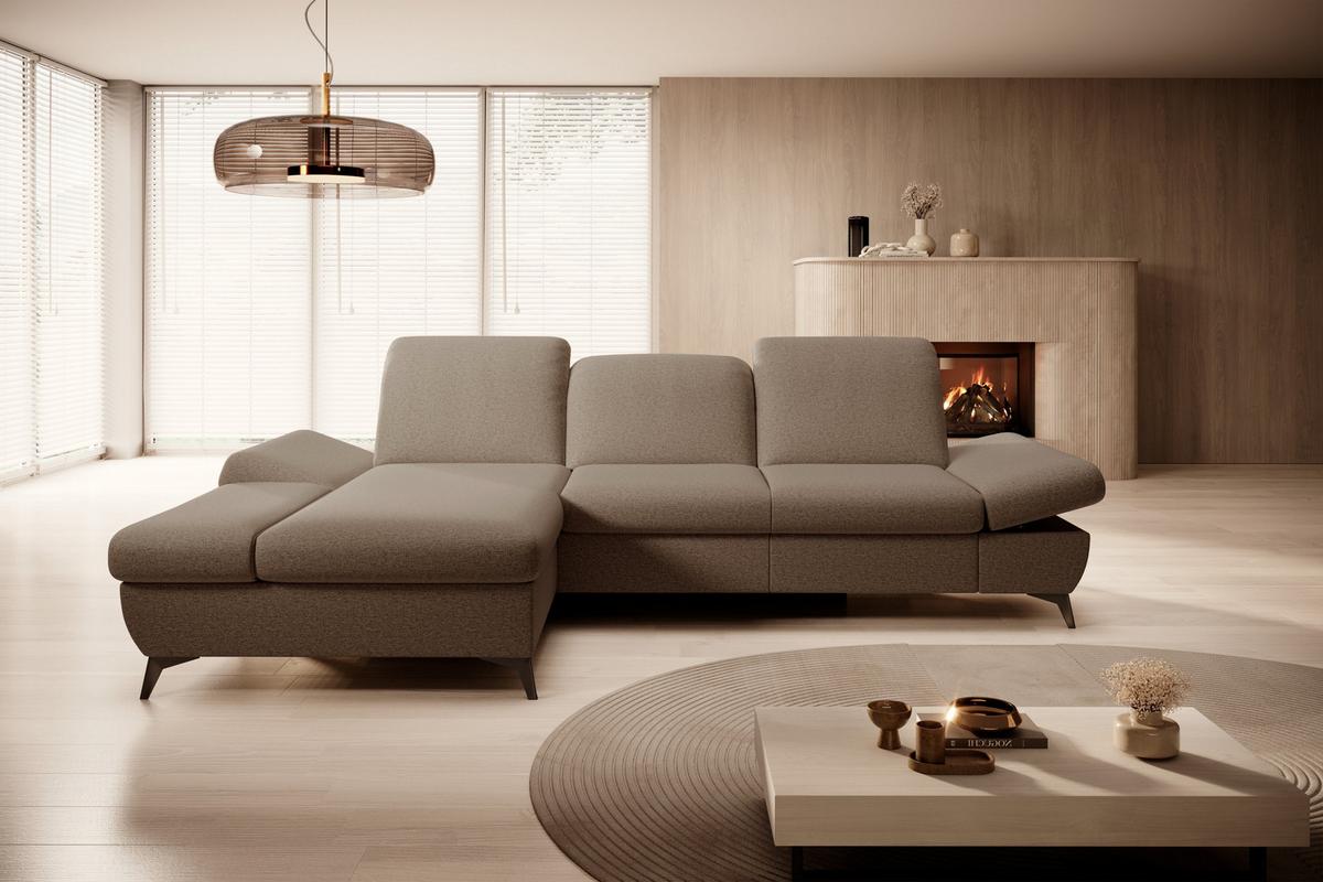 ECKSOFA FELICE L-S Braun Geflochtener Stoff mit Schlaffunktion - Braun, Holz (284/166cm) - MASSENO
