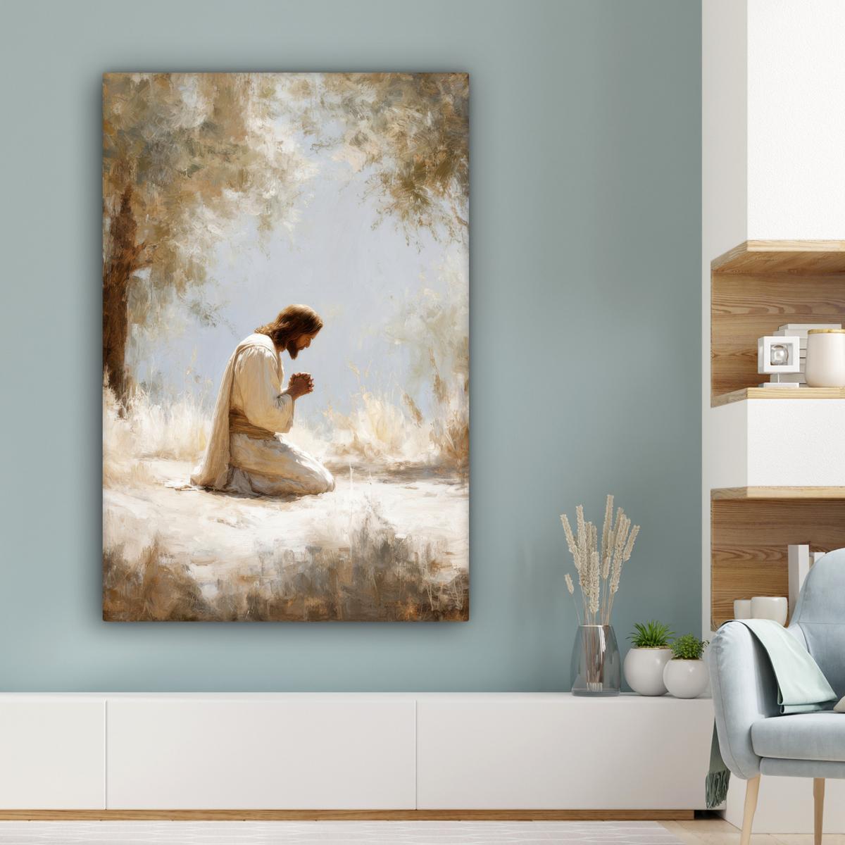 LEINWANDBILD Jesus - Kniend - Waldlandschaft - Betend Deko Groß 90x140 cm - Beige/Hellblau, Textil (90/140cm) - MuchoWow